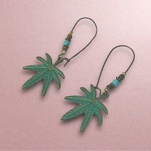 Retro Style Antique Bronze Smeared Blue Leaf Hook Earrings